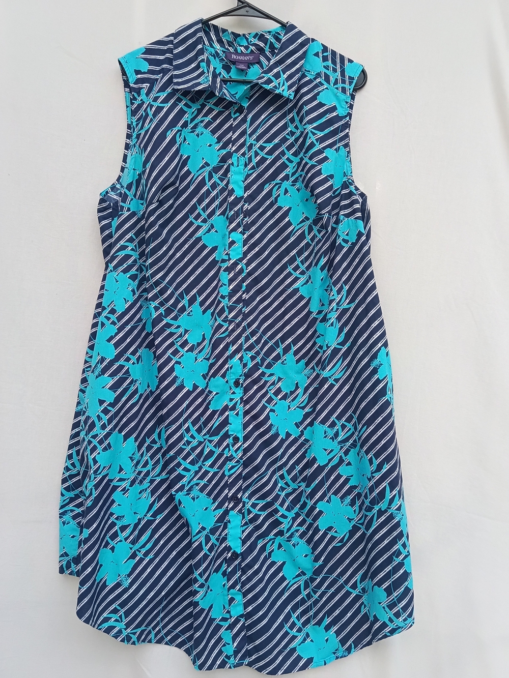 Roaman's Navy & Teal Sleeveless Floral Button-Front Midi Dress